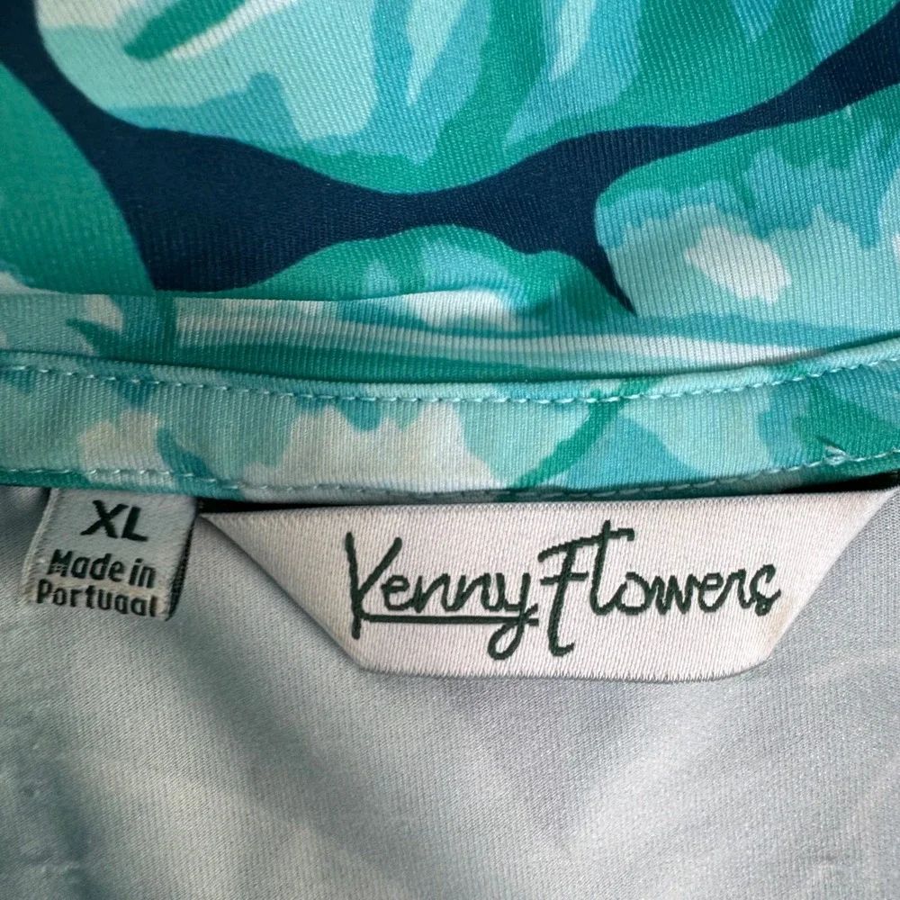 Kenny Flowers Mens XL Teal Tropical Monstera Leaf Print Golf Polo Shirt Stretch